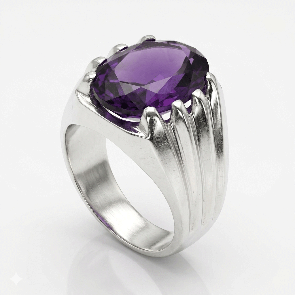 Amethyst Men Ring - Fluted Oval Signet