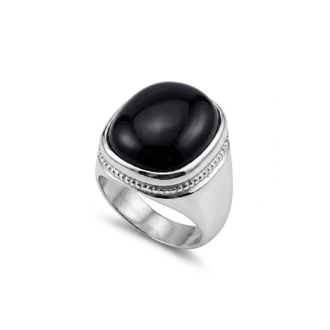 Black Agate Men Ring - Cushion Dome Halo