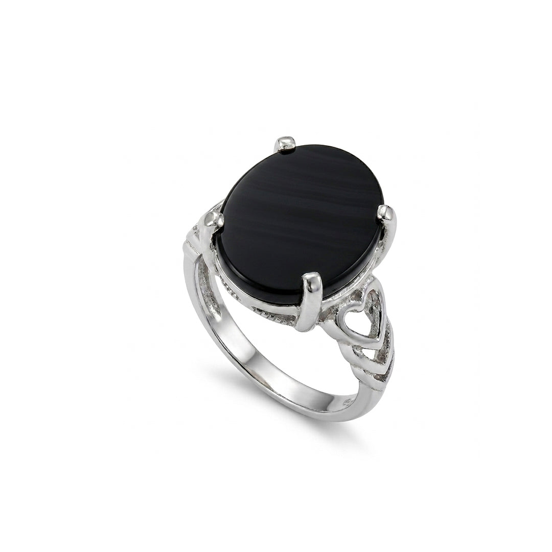 Black Agate Women Ring - Oval Heart-Cutout