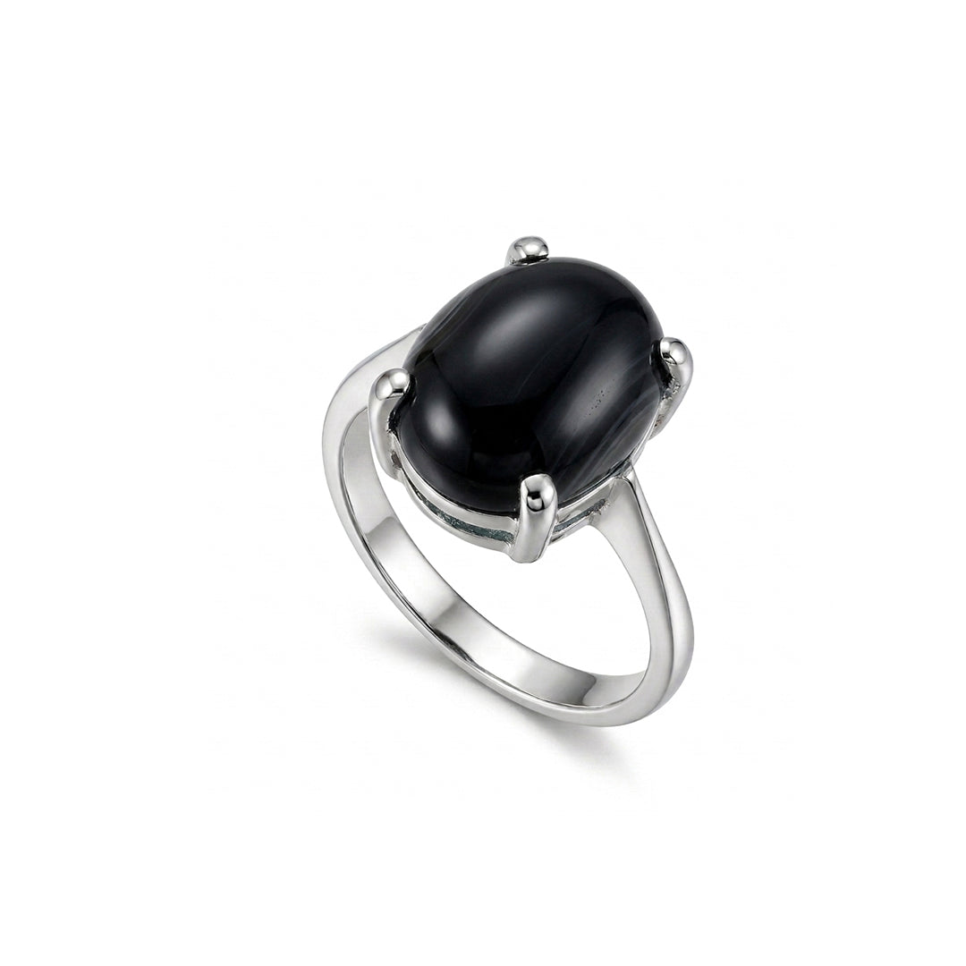 Black Agate Women Ring - Oval Solitaire
