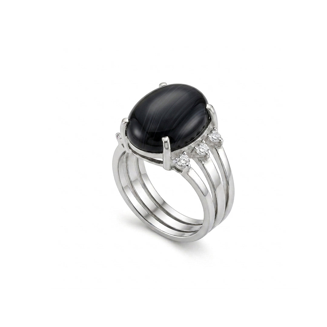 Black Agate Women Ring - Oval Multi-Band