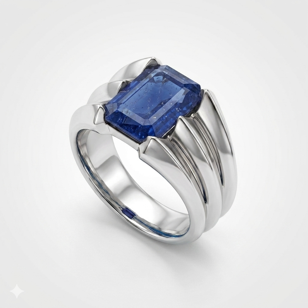 Blue Sapphire Men Ring - Triple Split Emerald