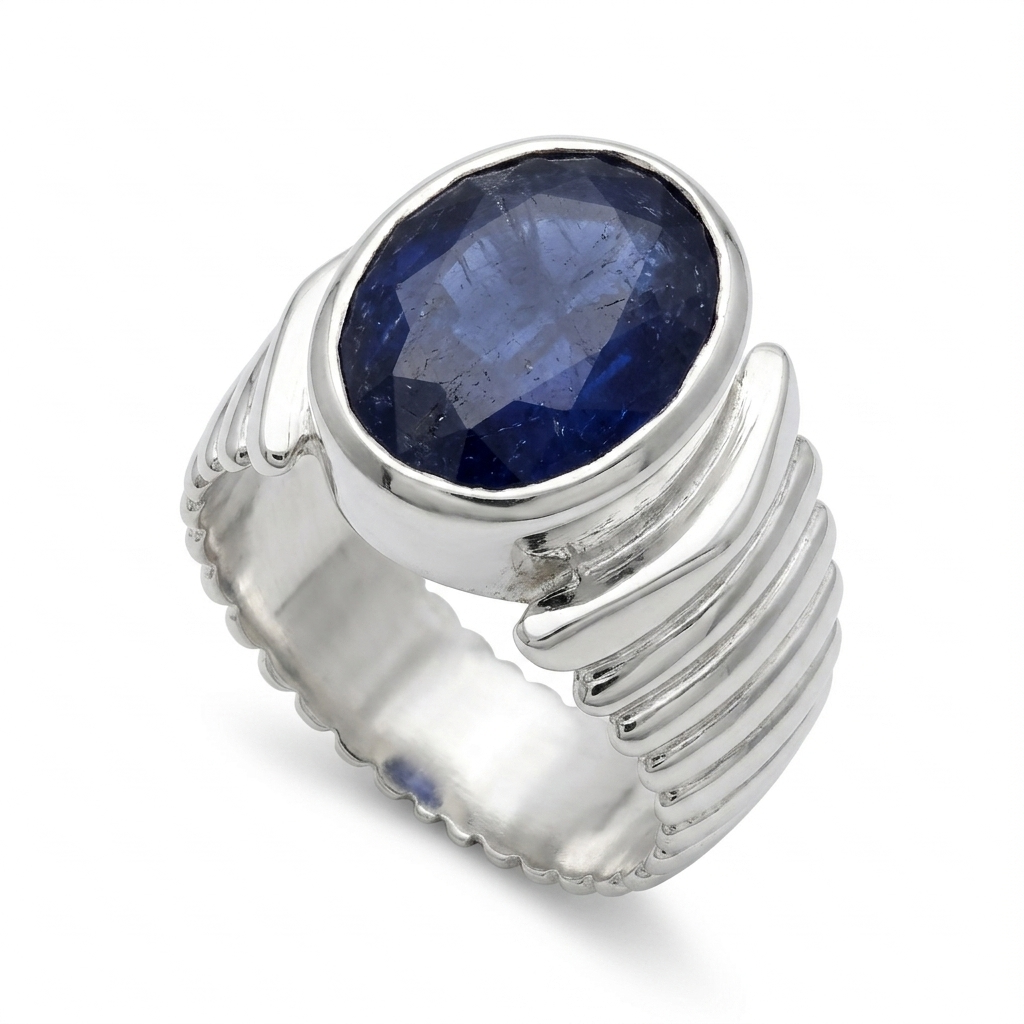 Blue Sapphire Men Ring - Fluted Oval