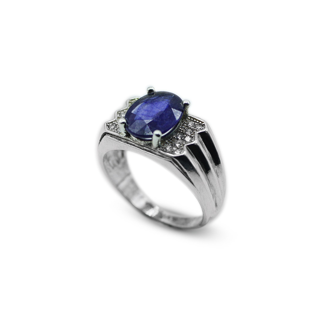 Blue Sapphire Men Ring – Zircon Shoulder Design