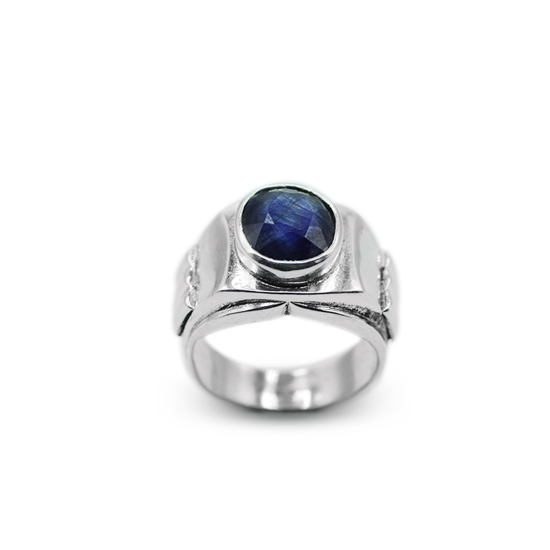 Blue Sapphire Men Ring - Brushed Metal Ring