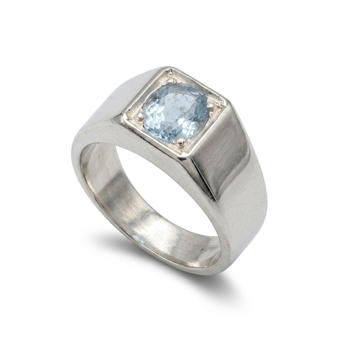 Blue Topaz Men Ring - Emerald-Cut Solitaire
