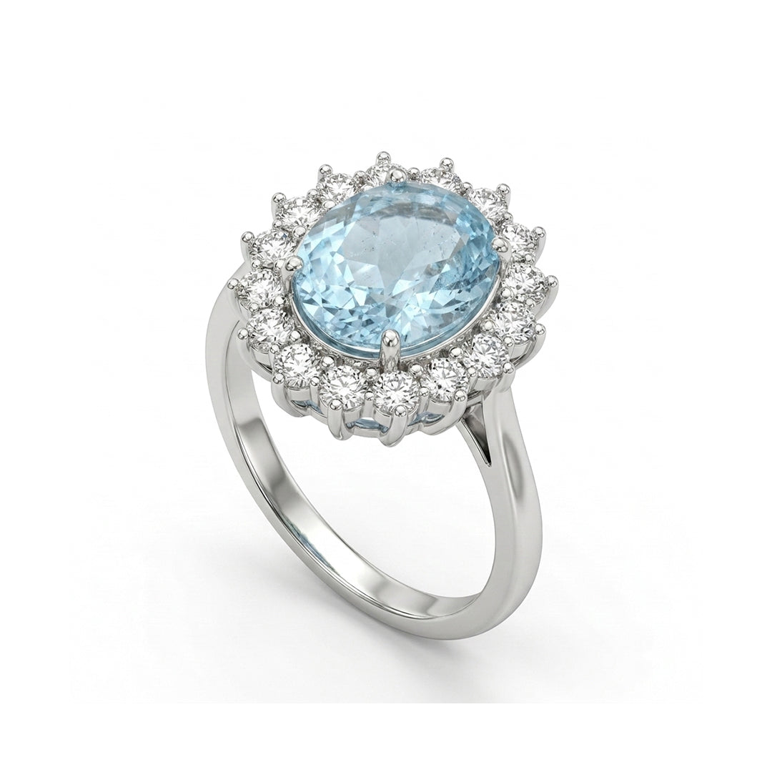 Blue Topaz Women Ring - Oval Cluster-Halo