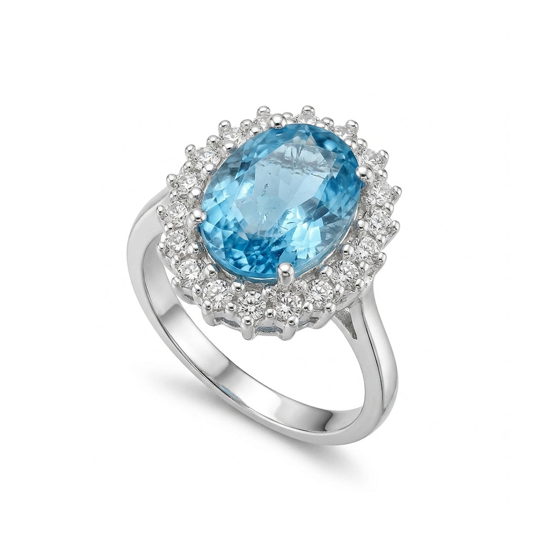 Blue Topaz Women Ring - Oval Scalloped Halo