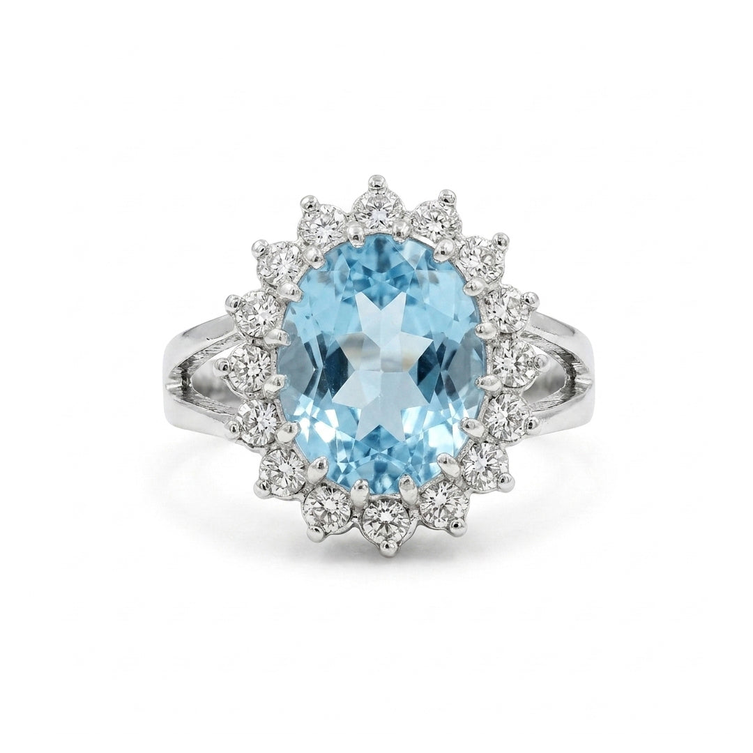 Blue Topaz Women Ring - Oval Scalloped Halo