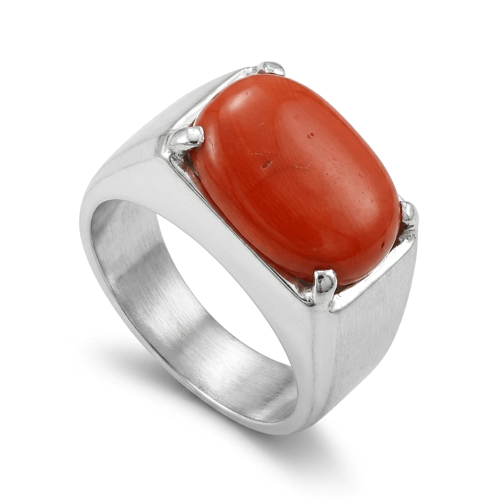 Coral Men Ring - Oval Cabochon