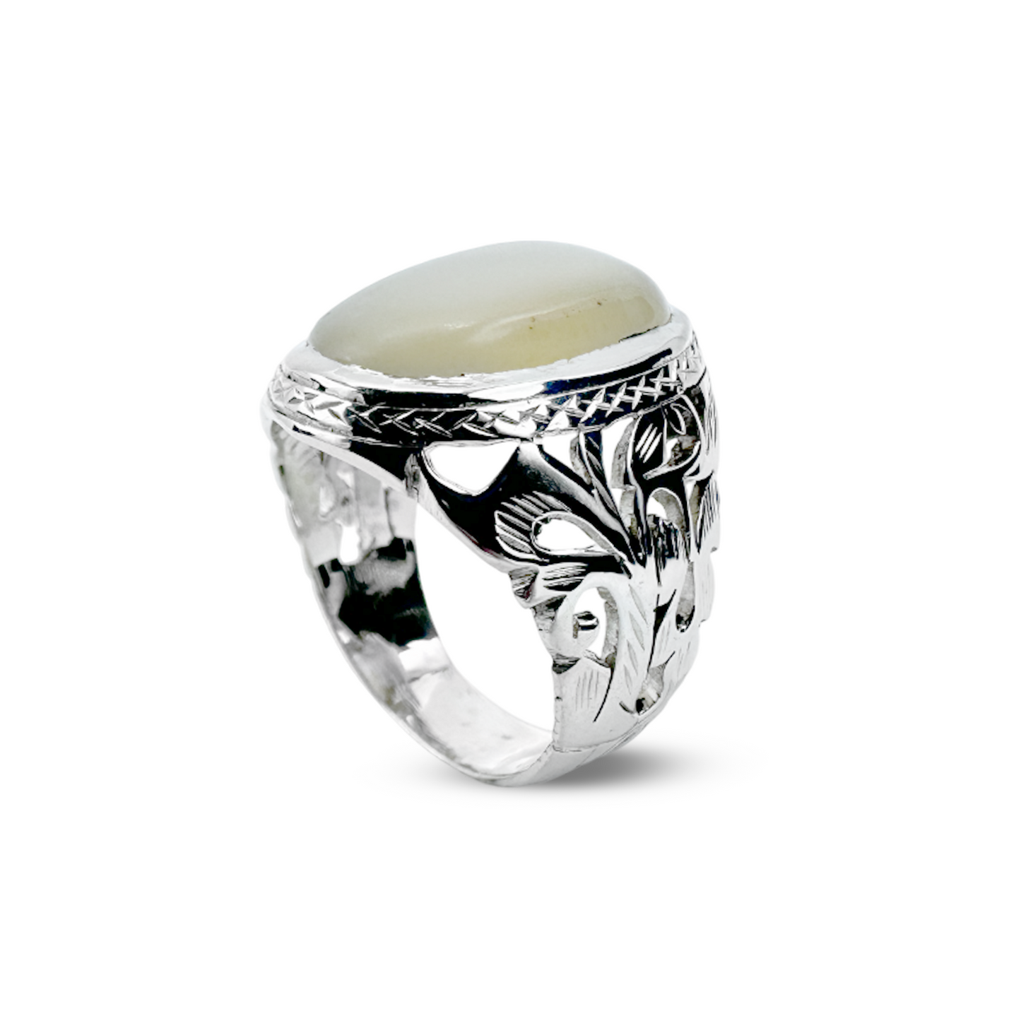 Moon Stone Men Ring - Plant Band Design