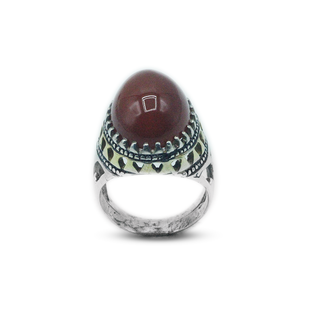 Red Agate Men Ring – Tribal Pattern Design