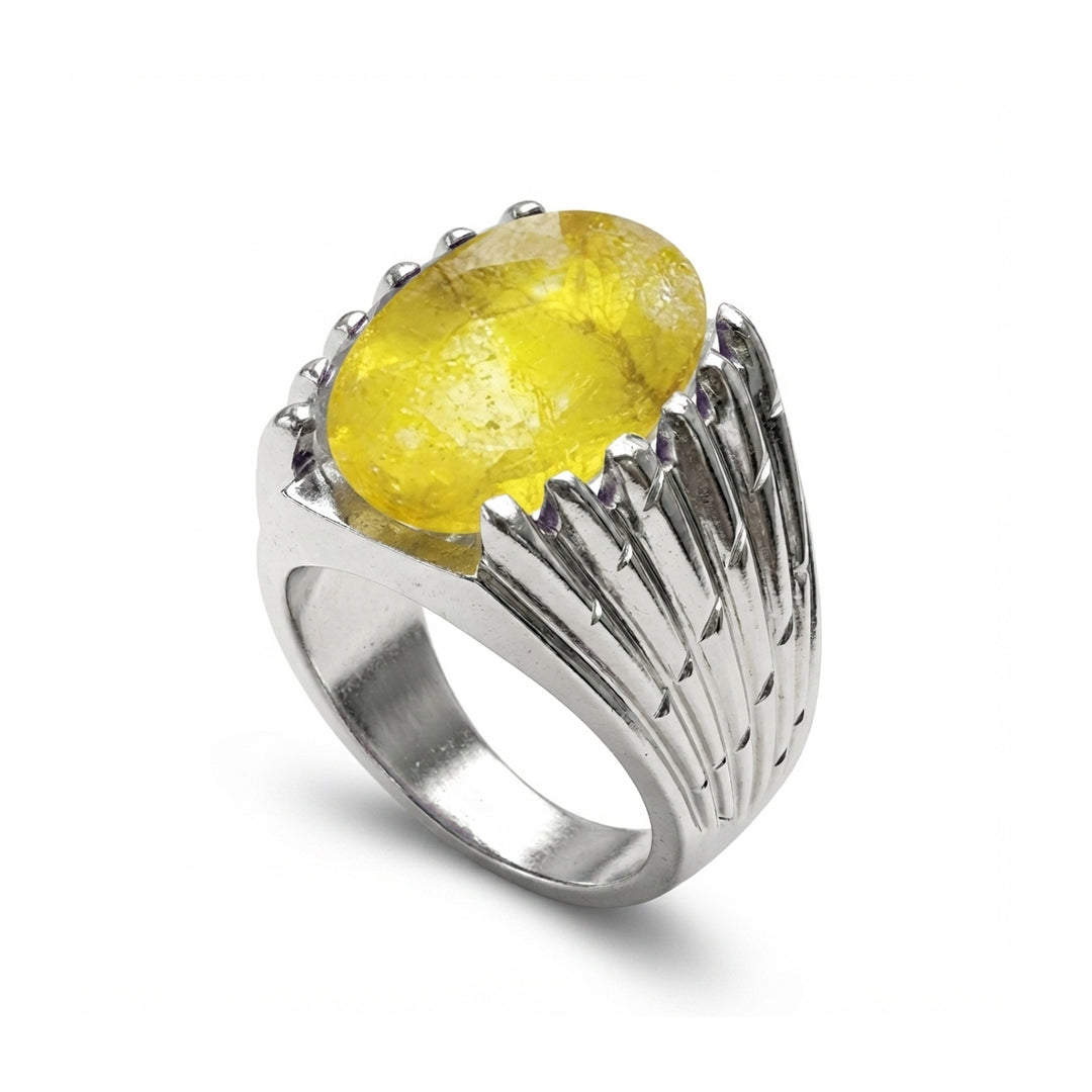 Yellow Sapphire Men Ring - Etched Fan Shoulders