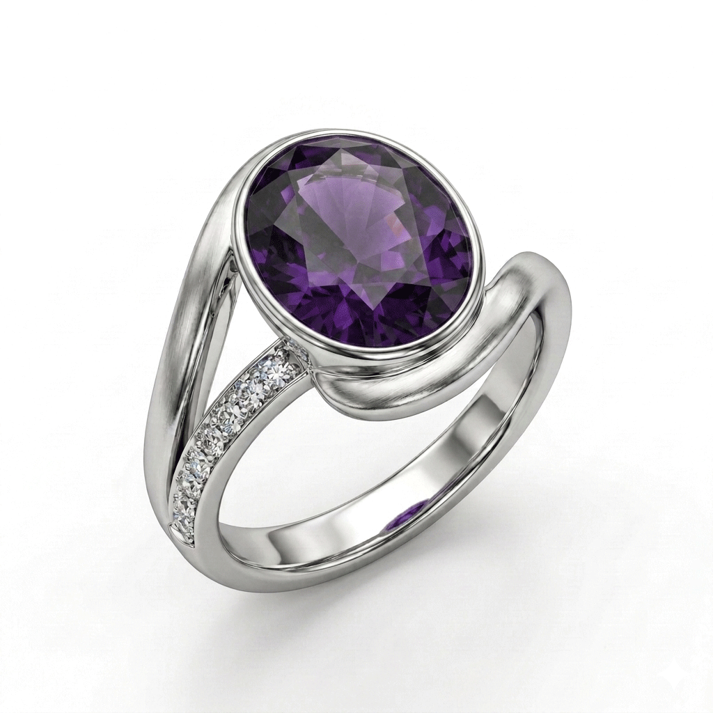 Amethyst Women Ring - Round Bezel Swirl
