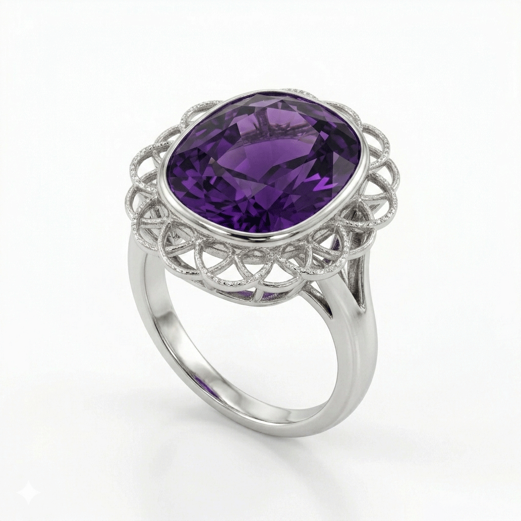 Amethyst Women Ring - Oval Filigree Halo