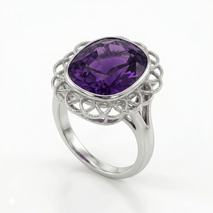 Amethyst Women Ring - Oval Filigree Halo