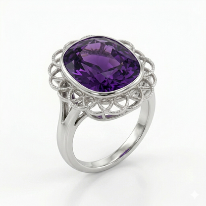 Amethyst Women Ring - Oval Filigree Halo