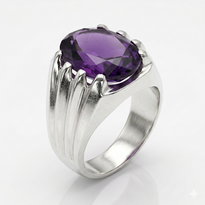 Amethyst Men Ring - Fluted Oval Signet