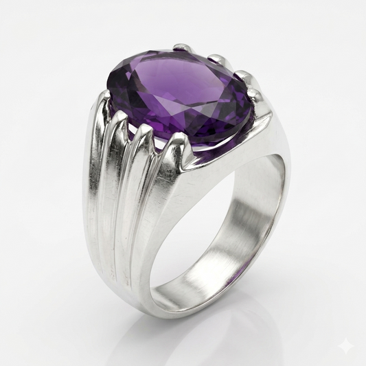 Amethyst Men Ring - Fluted Oval Signet
