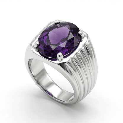 Amethyst Men Ring - Ribbed Oval Signet
