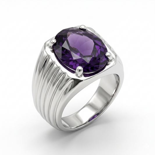 Amethyst Men Ring - Ribbed Oval Signet