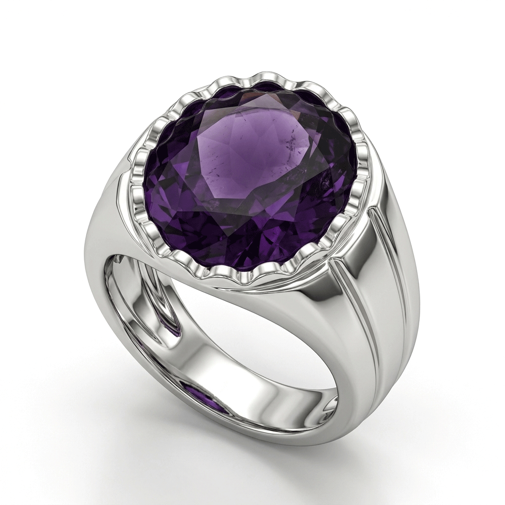 Amethyst Men Ring - Scallop Crown