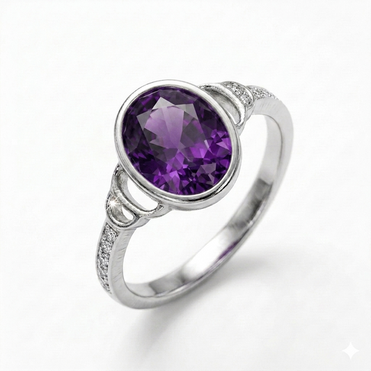 Amethyst Women Ring - Round Bezel