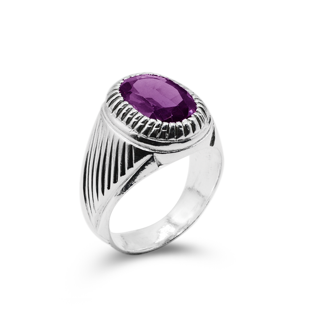 Amethyst Men Ring – Cross Lines Design