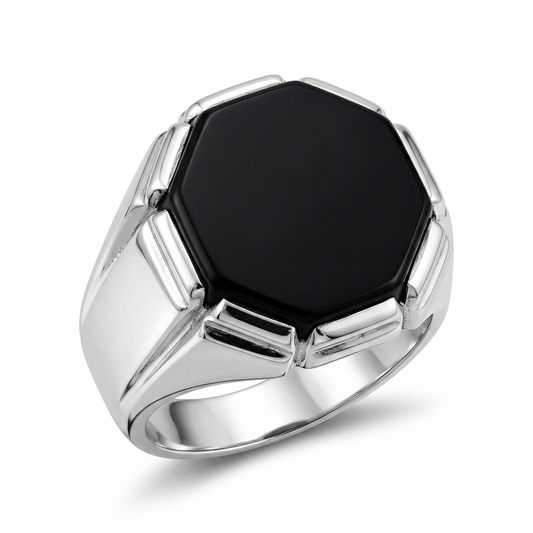 Black Agate Men Ring - Octagonal Signet