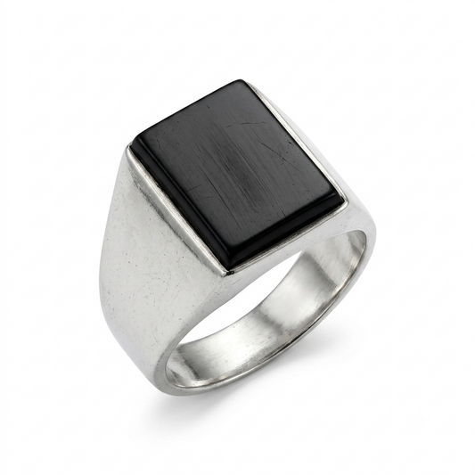 Black Agate Men Ring - Rectangle Signet