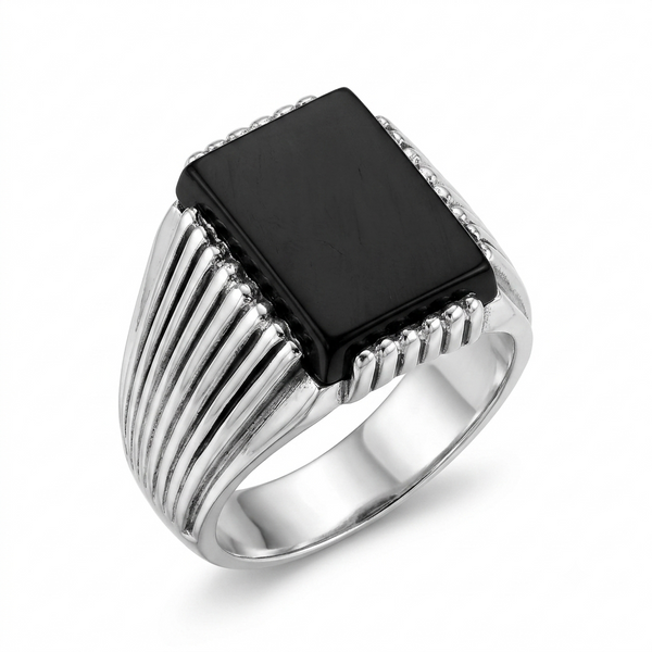 Black Agate Men Ring - Rectangular signet