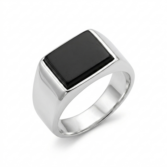 Black Agate Men Ring - Rectangular-top