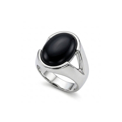Black Agate Men Ring - Oval Cabochon