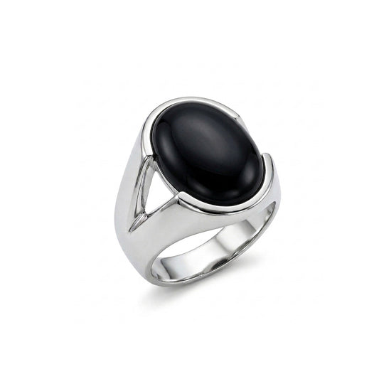 Black Agate Men Ring - Oval Cabochon