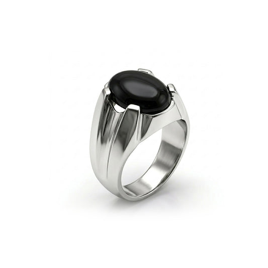 Black Agate Men Ring - Sculpted Oval