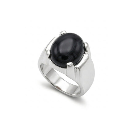 Black Agate Men Ring - Prong-Set Oval
