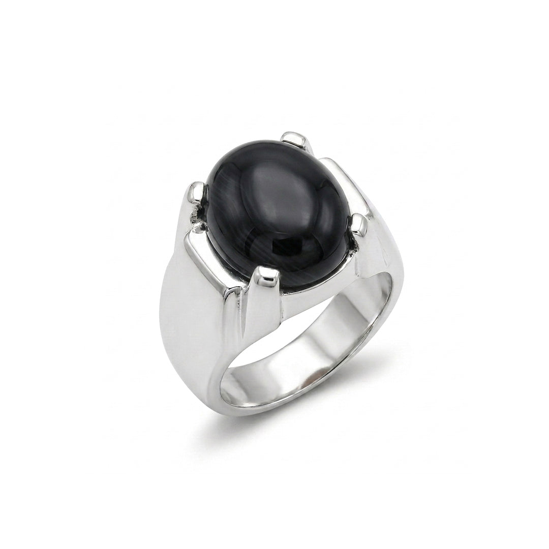Black Agate Men Ring - Prong-Set Oval