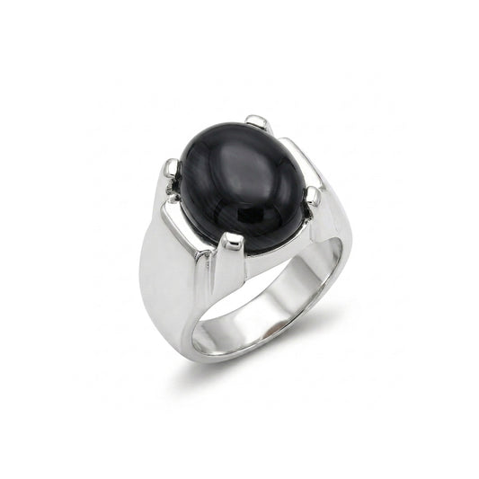 Black Agate Men Ring - Prong-Set Oval