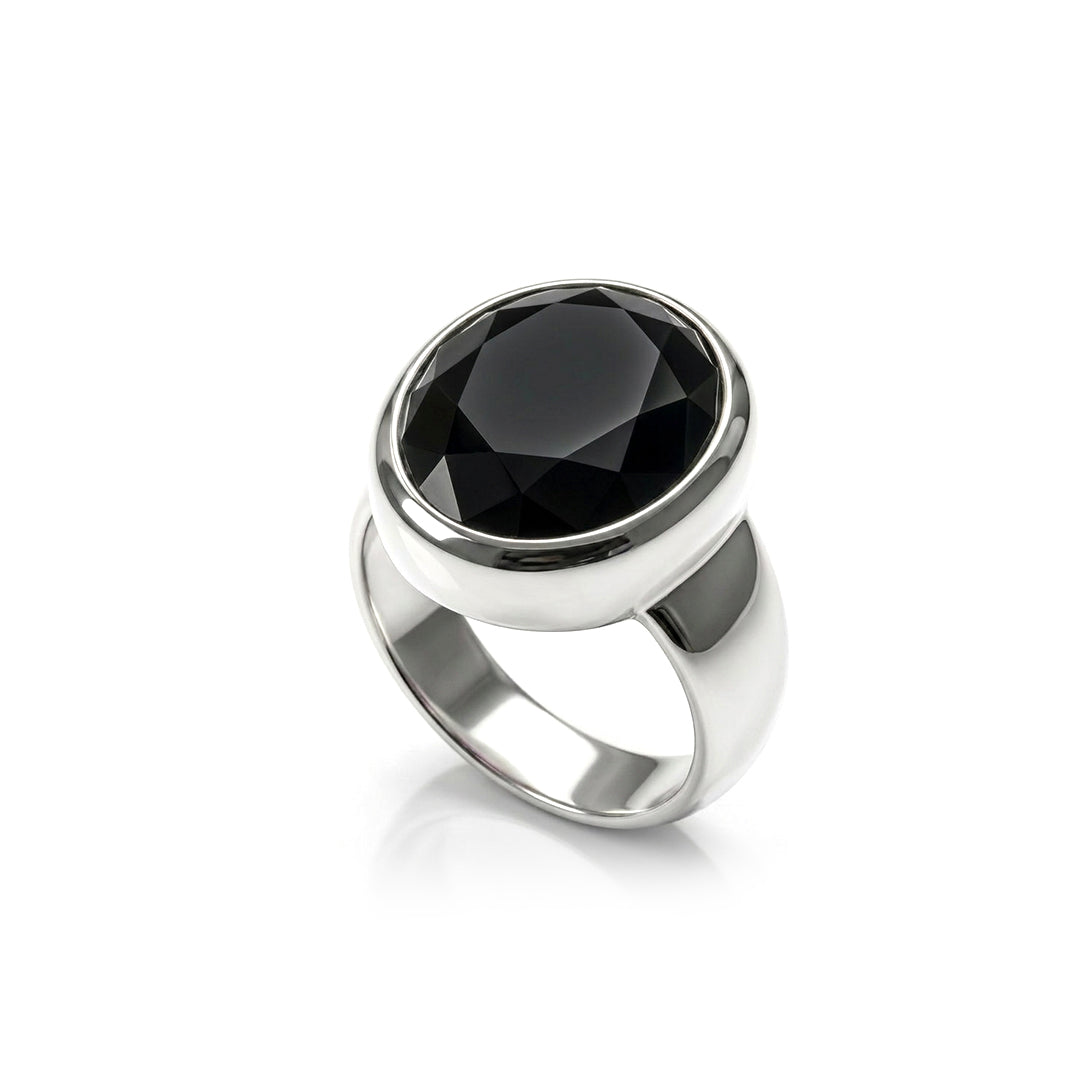 Black Agate Men Ring - Bezel-Set Faceted