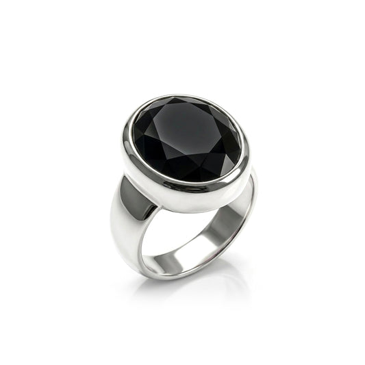 Black Agate Men Ring - Bezel-Set Faceted
