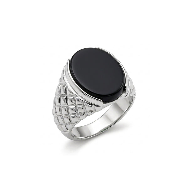 Black Agate Men Ring - Lattice Oval
