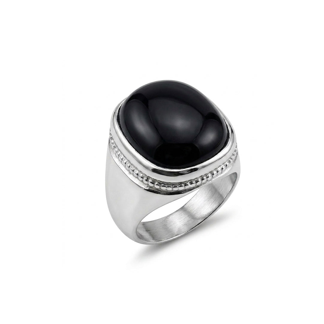 Black Agate Men Ring - Cushion Dome Halo