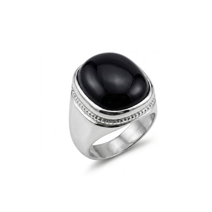 Black Agate Men Ring - Cushion Dome Halo
