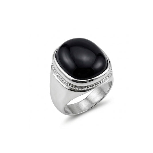 Black Agate Men Ring - Cushion Dome Halo