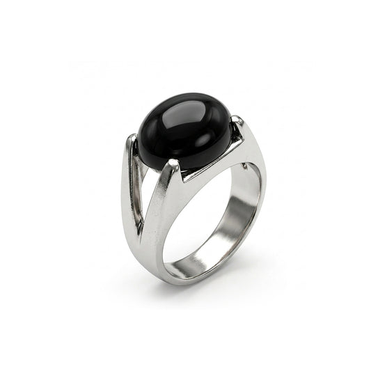 Black Agate Men Ring - Split-Shank Oval