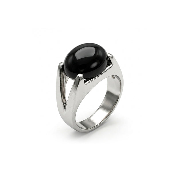 Black Agate Men Ring - Split-Shank Oval