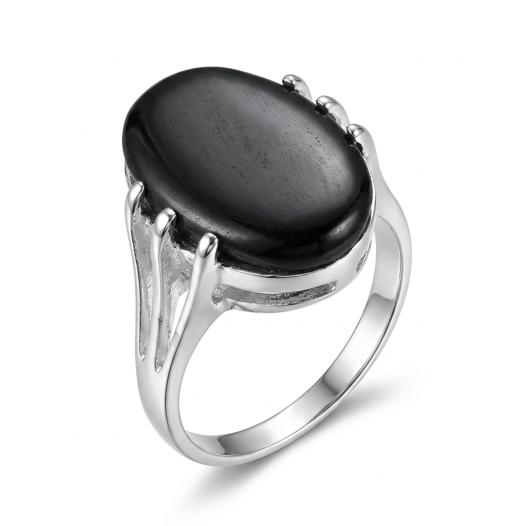 Black Agate Women Ring - Oval Prong
