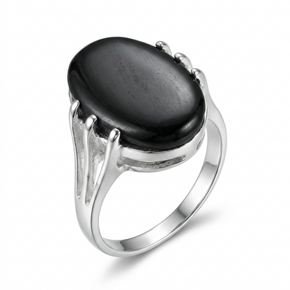 Black Agate Women Ring - Oval Prong