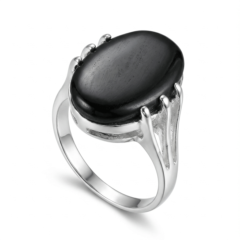 Black Agate Women Ring - Oval Prong