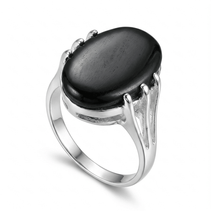 Black Agate Women Ring - Oval Prong